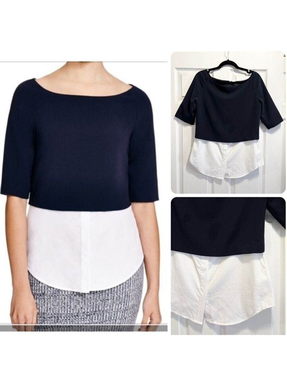 Theory Layered Blouse Short Sleeves Navy Blue and White Top Size Medium
